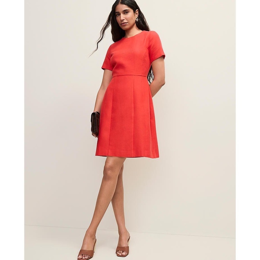 ANN TAYLOR Short Sleeve Coral Crew Neck Flare Dress Feminine Summer NWT 8
